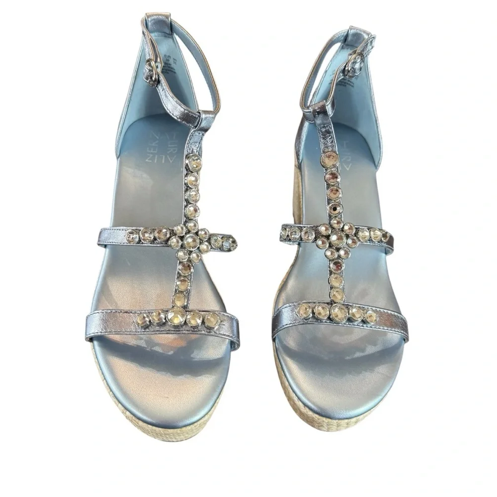 Naturalizer Serena Light Blue Metallic Espadrille Wedge Sandals Rhinestone NEW 9 - Picture 2 of 10